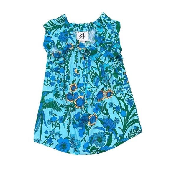 Figue Gianna drawstring ruffle top blouse self tie tassel floral turquoise sz xs - Picture 2 of 14